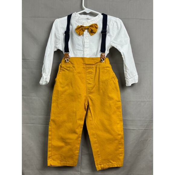 Toddler Boys Mustard Suspender Outfit - 3 Piece Shirt Suspenders Pants, Size 3T - Picture 5 of 5